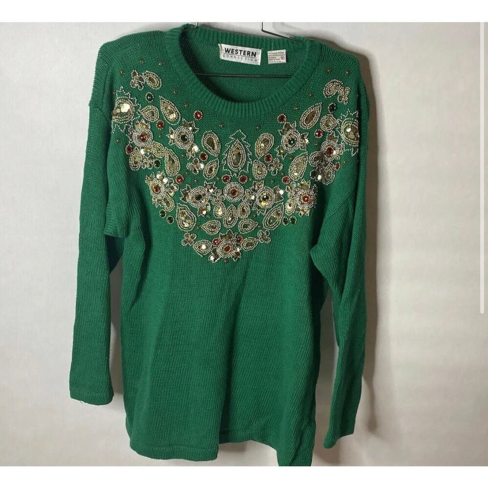 Western Connection Womens Vintage Sweater green size M Sequins Beaded